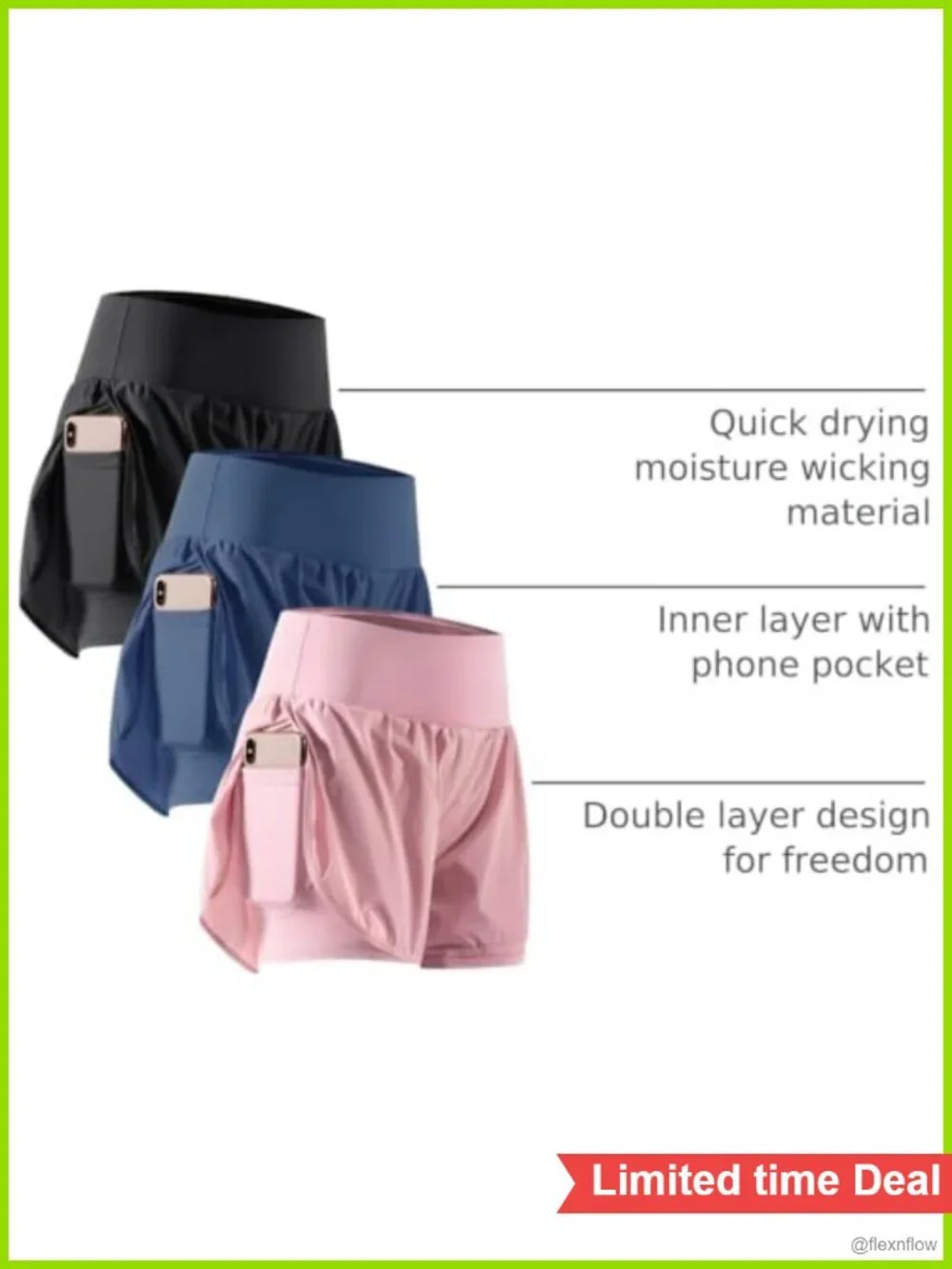 2 in 1 Athletic Running Shorts with Phone Pocket, High Rise, Quick Dry